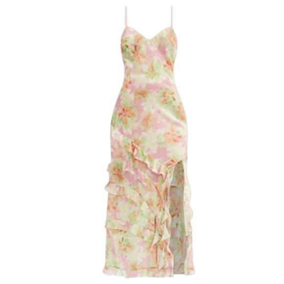 Bardot Cantara Ruffle Slip Dress Tiered Maxi Slit Floral Pink Sz 2 XS Fairy Cute - Picture 3 of 12